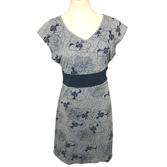 MERRELL active floral midi dress gray black sheer cap sleeves sz M quick dry - Picture 1 of 13